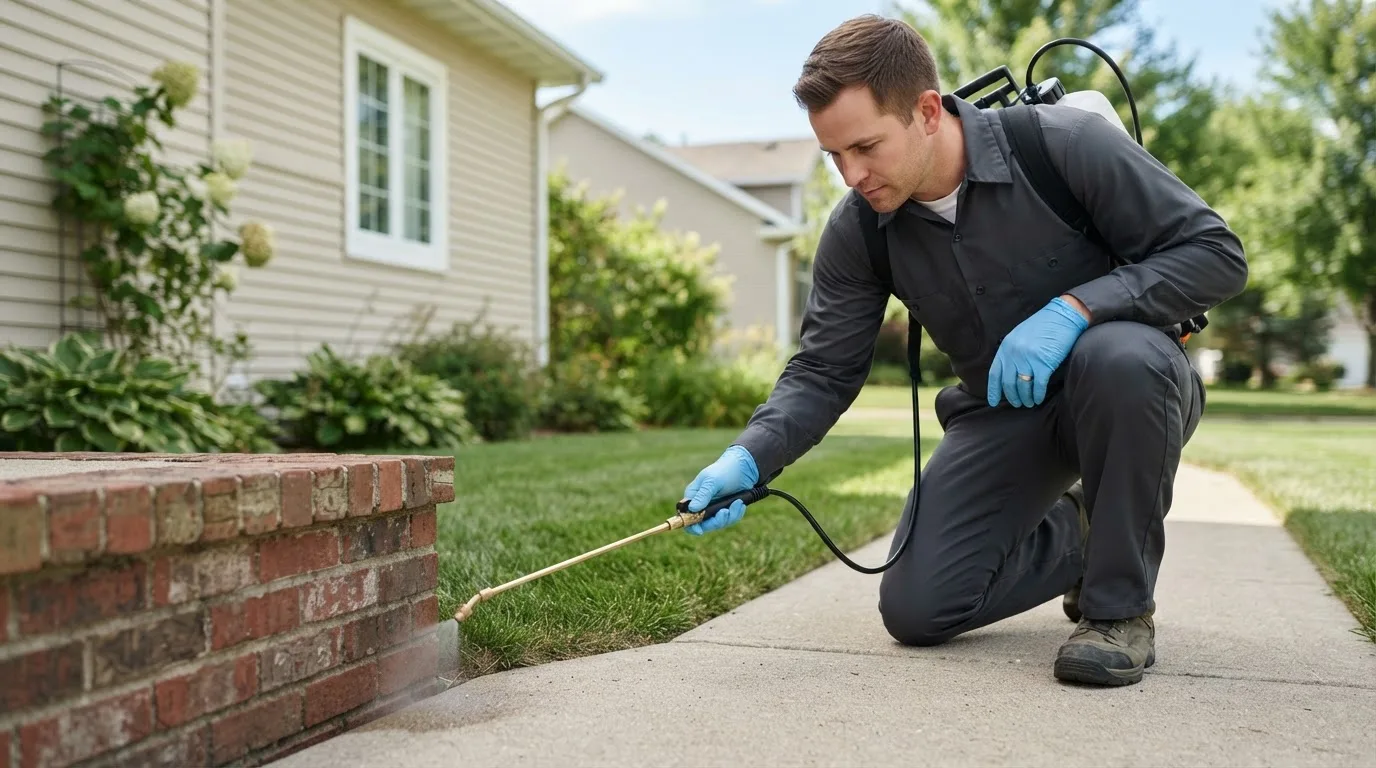 Pest control technician treating a home near Stoughton, WI