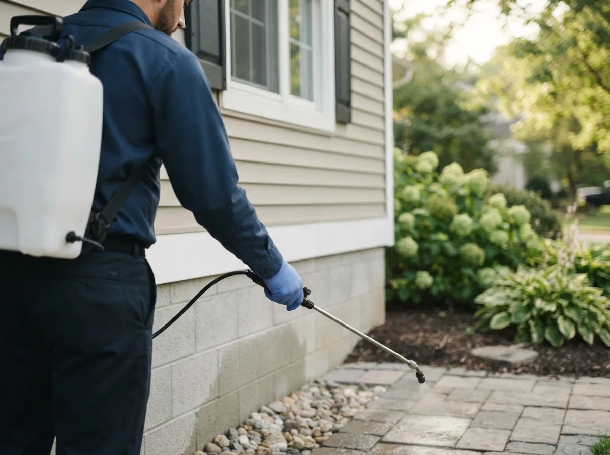 Pest control technician inspecting a home in Stoughton, WI